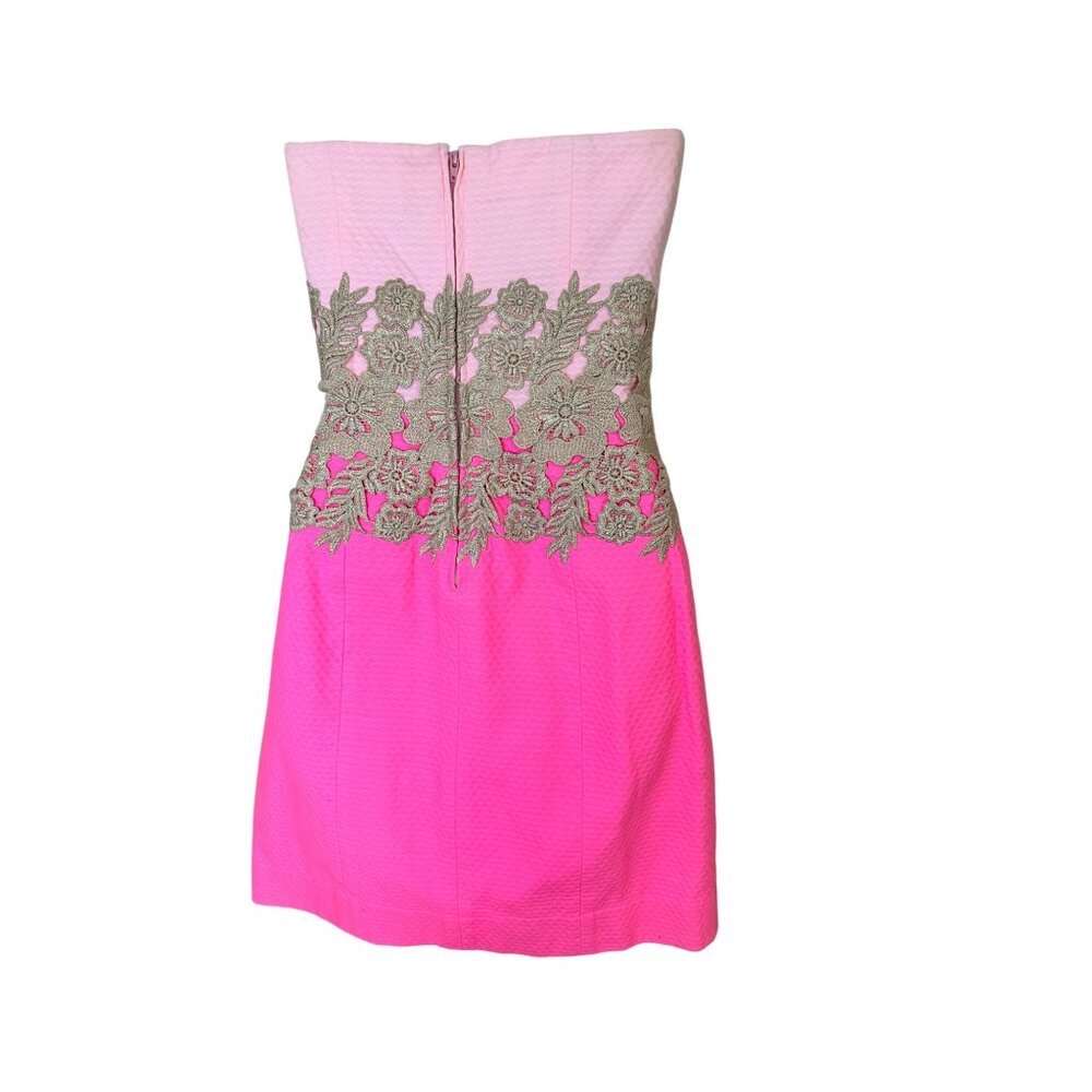 Lilly Pulitzer Kade Pink Barbie Strapless Dress With Gold Lace Accent & Back Zip - Picture 2 of 7